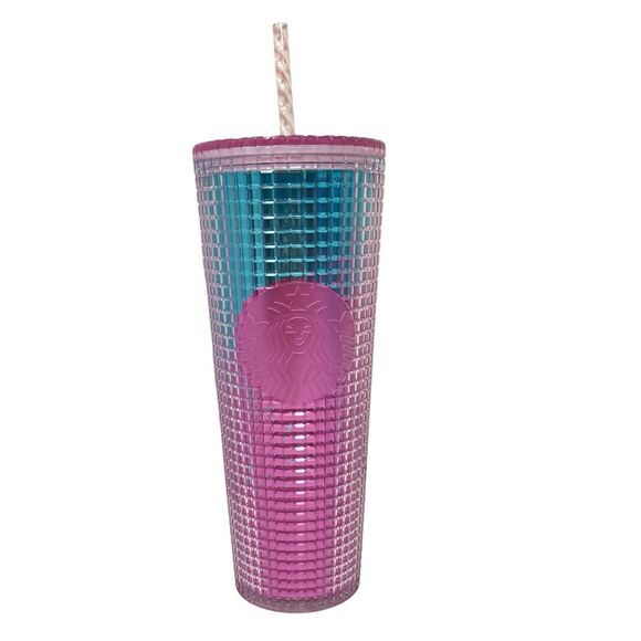 Starbucks Other - Starbucks Tumbler 24oz Pink Blue Ombre Grid Cold Cup Straw Reusable 2021 New
